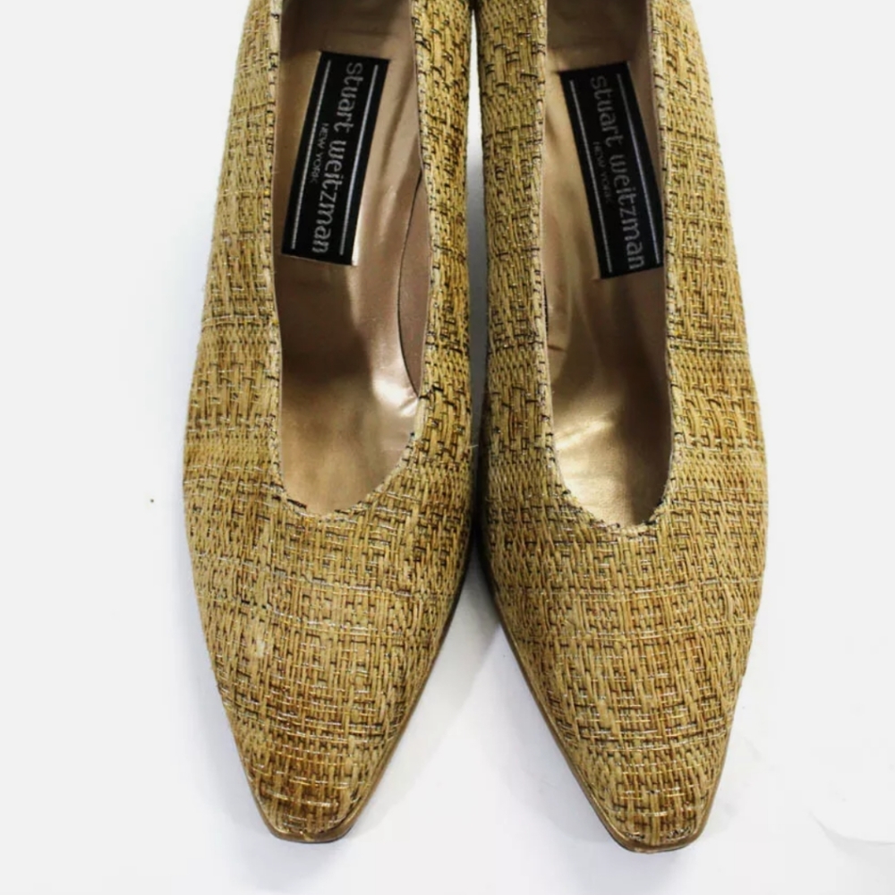 Size 7 Stuart Weitzman thick Block heel Gold dark Beige Formal Pumps heels - Picture 3 of 6